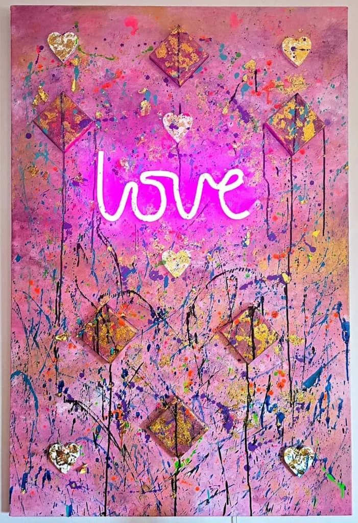 Love Glow — Abstract painting by Lara Melachrinou. Acrylic on canvas with neon light and 24ct gold leaf, 2026.