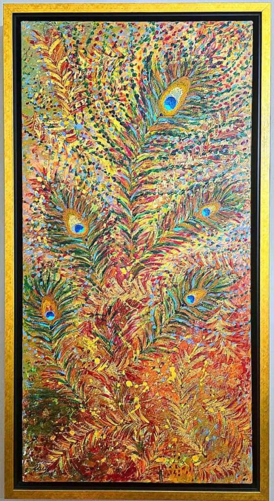 Peacock — Classic painting by Lara Melachrinou. Acrylic on canvas with 24ct gold leaf, 2026.