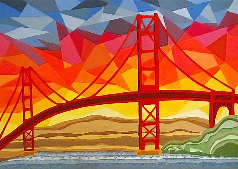 Golden Gate Bridge — Cubism painting by Lara Melachrinou. Acrylic on canvas, 2026.