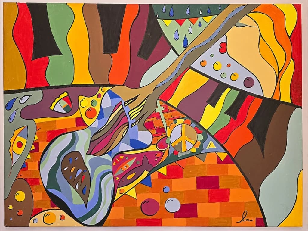 Music — Cubism painting by Lara Melachrinou. Acrylic on canvas, 2026.