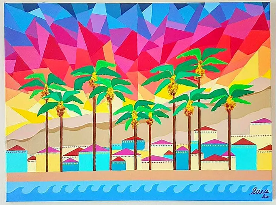 Santa Monica — Cubism painting by Lara Melachrinou. Acrylic on canvas, 2026.