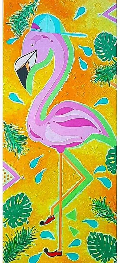 Greek Flamingo — Children's Art painting by Lara Melachrinou. Acrylic on canvas, 2026.
