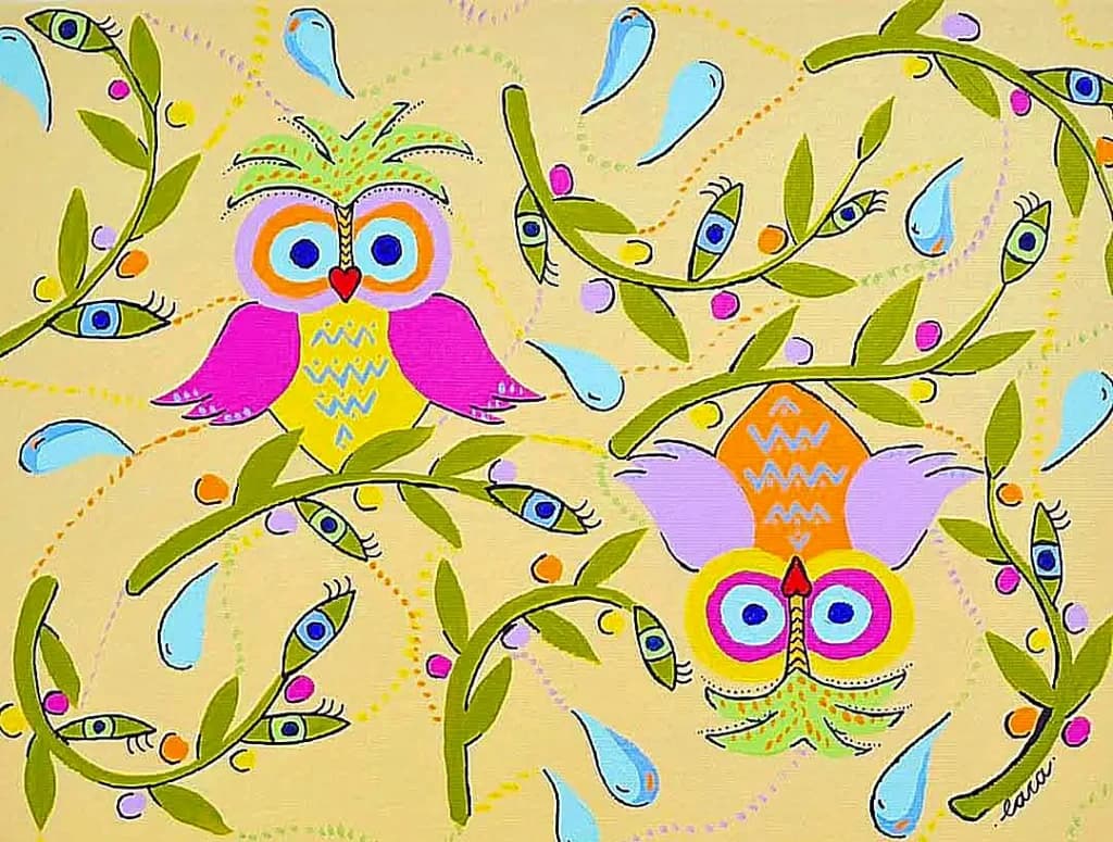 Owls — Children's Art painting by Lara Melachrinou. Acrylic on canvas, 2026.