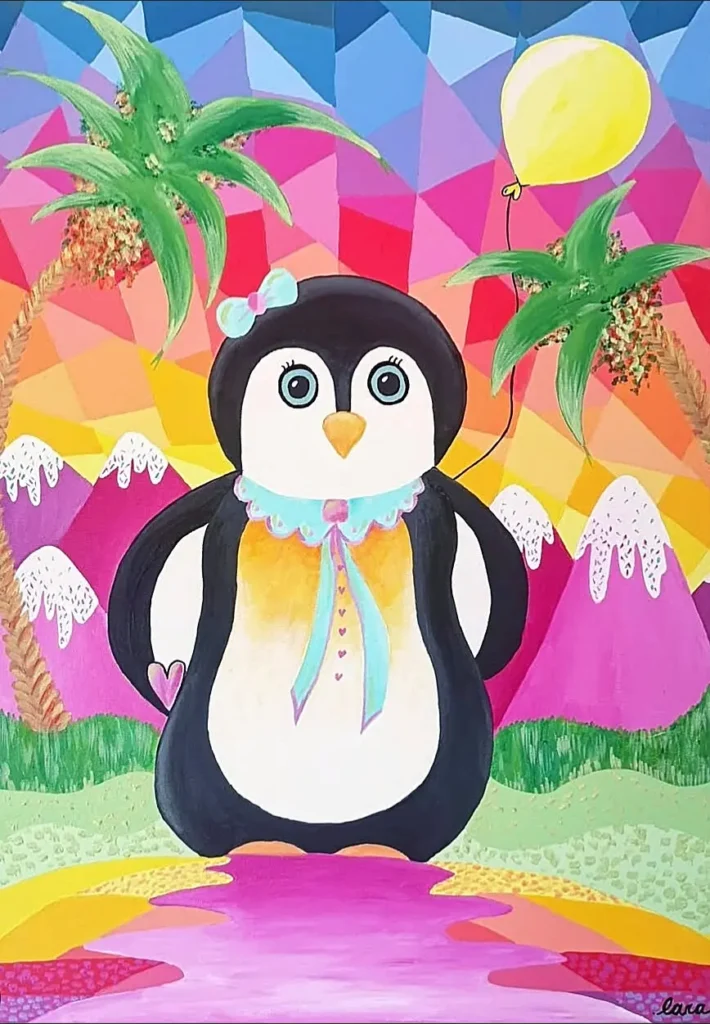 Penguin — Children's Art painting by Lara Melachrinou. Acrylic on canvas, 2026.